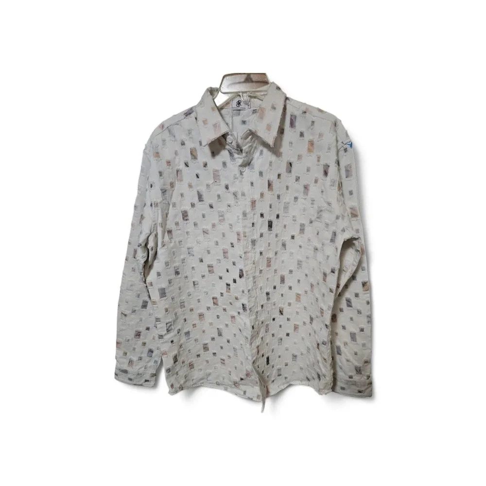 Belleza Republic Mens Distressed Patchwork Button Down Shirt White Large 0360